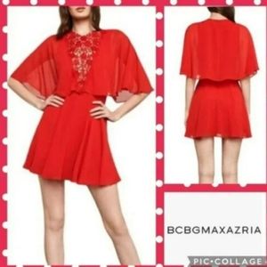 BCBG MaxAzria Lace-Insert Capelet Dress Red